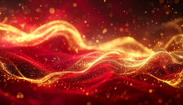 Abstract flowing waves of brilliant golden and crimson particles, shimmering with ethereal light, creating a dynamic and energetic background