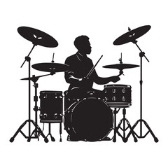 set of black drummer musician drumming drums vector silhouettes isolated on white background