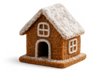 Gingerbread christmas house with icing sugar decoration, creating a festive holiday cookie dessert on transparent background