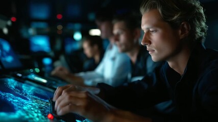 Faceless crew operating advanced sonar controls in dim light, holographic waves mapping ocean trenches on floating screens, cinematic tone, defocused background, with copy space. - Powered by Adobe