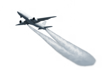 Commercial passenger airplane taking off with jet contrails, fast travel and global transport concept on transparent background