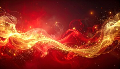 Ethereal flow of molten gold and scarlet energy with shimmering particles creating a dynamic abstract fiery background