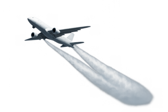 Commercial passenger airplane taking off with jet contrails, fast travel and global transport concept on transparent background - Powered by Adobe