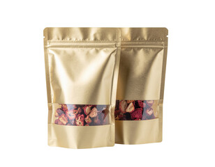 Two golden pouches filled with dried fruit, showcasing vibrant strawberry pieces.
