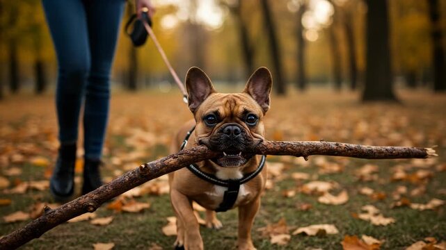 French bulldog carrying a stick in a park during autumn