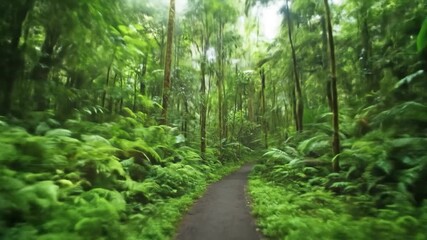 Lush green forest path surrounded by tall trees and dense foliage in natural wilderness environment bright sunlight filtering through canopy