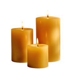 Three burning pillar candles with warm golden glow, representing peaceful ambiance, relaxation, spa atmosphere, and cozy decorative element for home or celebration