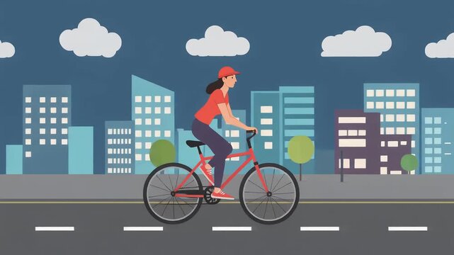 Flat vector animation of a young woman cycling on a red bicycle through a modern city street at dusk