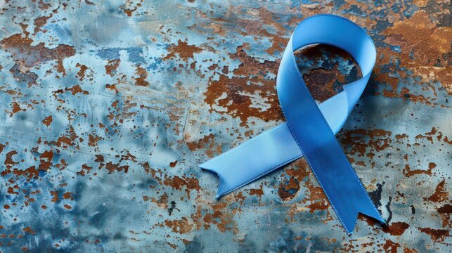 Blue ribbon symbolizing world diabetes day awareness on rustic background. Horizontal banner. Copy space. Healthcare and medical concept. Parkinson's disease, Men's health awareness - Powered by Adobe