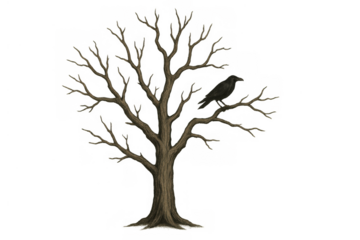 Black crow sitting on a leafless tree branch, representing spooky halloween, autumn, and gothic themes. Transparent background