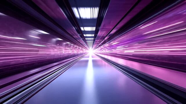 Light streaks tunnel towards center. Metal struts with reflections. Pink and violet hues