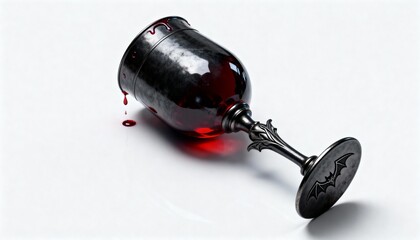 A gothic goblet filled with red liquid, tipped over with drops spilling onto a white surface, isolated on white background