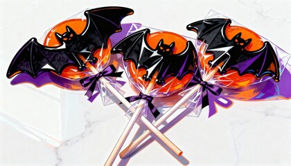 Three halloween bat lollipops on sticks, individually wrapped, isolated on white background