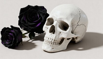 A white skull with cracked details and two dark black roses isolated on white background