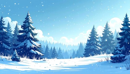 Fototapeta premium Digital illustration of snowflakes falling against winter landscape with trees
