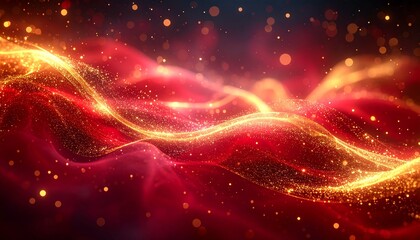 Luminous waves of golden energy and sparkling glitter flowing across a vibrant red background