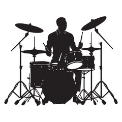 set of black drummer musician drumming drums vector silhouettes isolated on white background