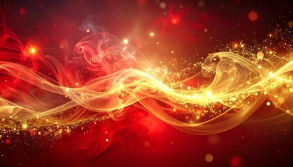 Fototapeta premium Dynamic Golden and Crimson Energy Waves with Sparkling Particles, an Abstract Luminous Flow Background for Festive and Magical Compositions, Evoking Celebration and Futuristic Movement