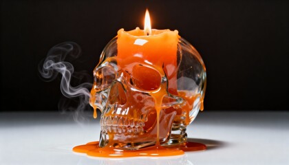 A burning orange candle melts over a glass skull, creating a spooky halloween atmosphere