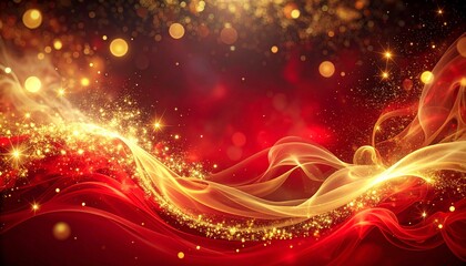 Elegant abstract background featuring flowing golden waves and shimmering particles against a vibrant red backdrop with bokeh lights
