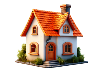 Cute 3D cartoon house with a white body, orange roof, and rounded windows. A charming. isolated on transparent or white background