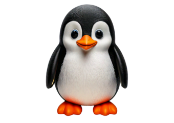 Cute penguin figurine with a black and white body, round shape, and orange beak and feet. isolated on transparent or white background