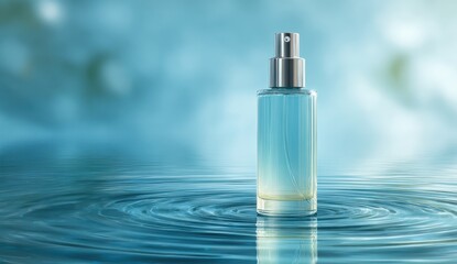 Close-up of a transparent spray bottle standing on water with ripples