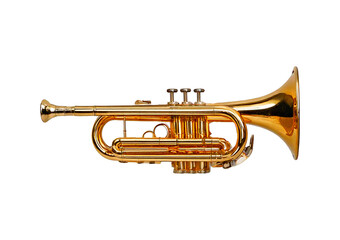 Naklejka premium Golden shiny new metallic brass trumpet music instrument isolated on transparent or white background