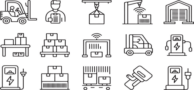 logistics icons, warehouse icons, delivery icons, shipping icons, inventory icons, supply chain icons, storage icons, distribution icons, forklift icon, worker icon, courier icon, package icons, box i