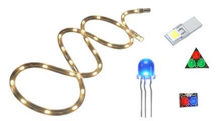LED lighting components including a strip light bulb and individual diodes isolated on a white background
