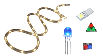 LED lighting components including a strip light bulb and individual diodes isolated on a white background