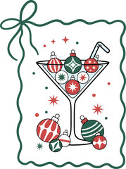 funny Christmas Cocktail with Ornaments – Festive Holiday Drink Illustration