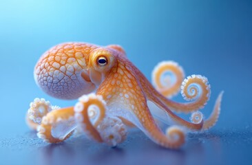 Close-up of a vibrant orange and white octopus with curled tentacles on blue