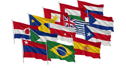 Collection of national flags various countries waving in the wind isolated on white background