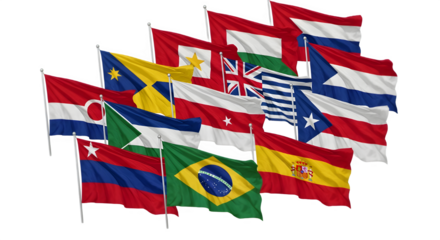 Collection of national flags various countries waving in the wind isolated on white background