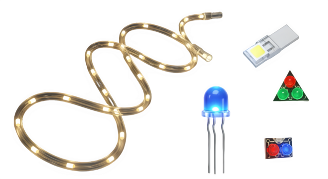 LED lighting components including a strip light bulb and individual diodes isolated on a white background