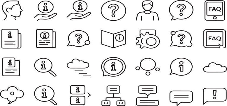help icons, support icons, FAQ icons, information icons, question mark, query icons, customer service, user icons, profile icon, hand icon, knowledge base, document icons, file icons, manual icon, set