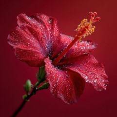 Close-up of a vibrant red hibiscus flower with water droplets on petals against a matching red