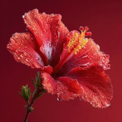 Close-up of a vibrant red hibiscus flower with water droplets on petals