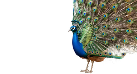 Peacock displaying its vibrant plumage a colorful bird with iridescent feathers isolated on a white background
