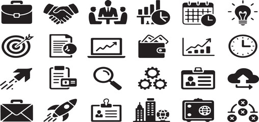 business icons, finance symbols, public facility, wayfinding, corporate growth, marketing strategy, startup, accessibility, restroom signs, emergency pictograms, briefcase, handshake, meeting, target,
