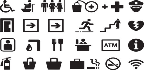 wayfinding icons, public symbols, safety signs, service pictograms, accessibility, universal icons, restroom symbol, disabled access, fire extinguisher, first aid, emergency exit, staircase, escalator