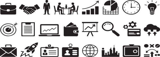 business icons, finance symbols, corporate strategy, marketing, startup, professional, briefcase, handshake, businessman, meeting, team, growth chart, bar graph, target, clipboard, laptop, stock marke