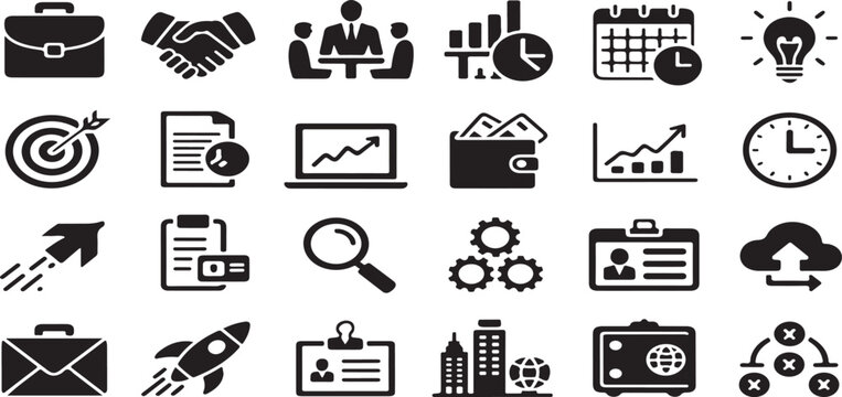 business icons, finance symbols, public facility, wayfinding, corporate growth, marketing strategy, startup, accessibility, restroom signs, emergency pictograms, briefcase, handshake, meeting, target,