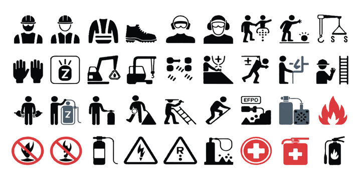 construction safety, workplace safety, industrial icons, safety pictograms, PPE, hard hat, safety glasses, protective gloves, safety boots, high visibility vest, ear protection, mandatory signs, prohi - Powered by Adobe