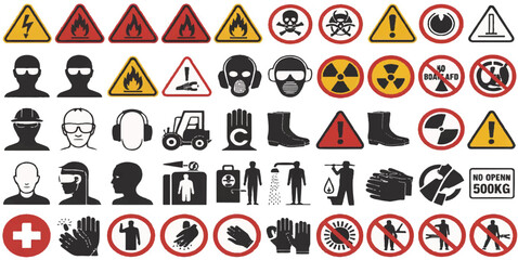 safety, hazard, warning, industrial, PPE, personal protective equipment, health, security, caution, danger, sign, symbol, regulation, prohibition, mandatory, vector illustration icon 