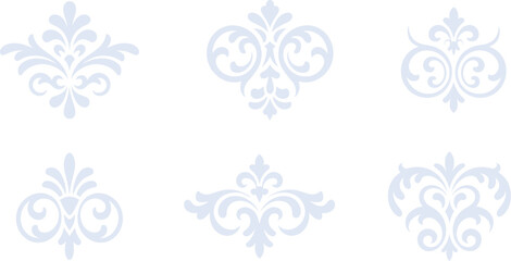 Elegant blue ornamental motif set, symmetrical swirl vector design, decorative flourishes for invitation, wallpaper, branding, and classical graphic layout