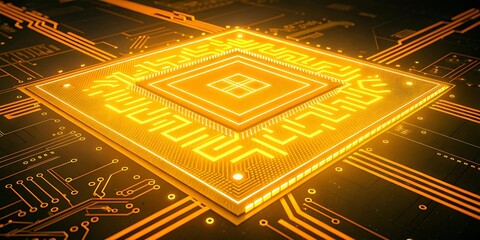 Fototapeta premium Closeup of a glowing golden microchip or processor on a circuit board with intricate details.