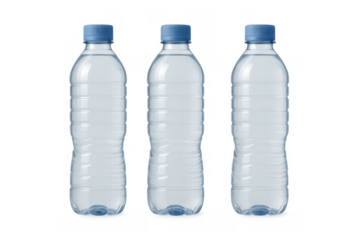 Three plastic bottles filled with clear, fresh drinking water, symbolizing hydration, healthy lifestyle, and refreshment. Transparent background