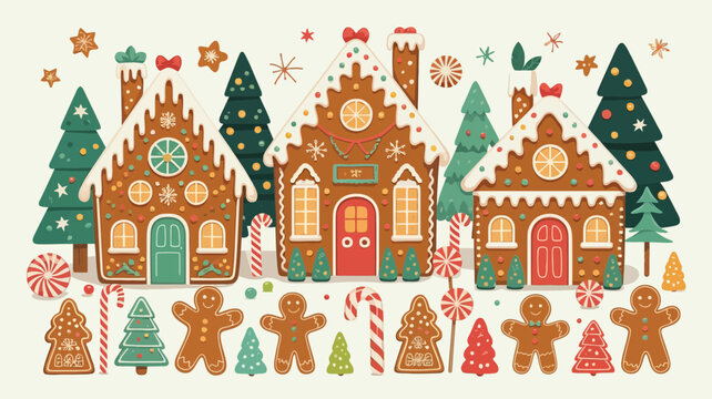 Whimsical gingerbread village with christmas trees and candies
